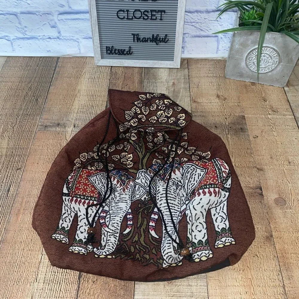 Embroidered Elephant and Tree Cotton Drawstring Backpack, 